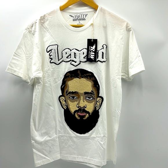 NWT RAW OWN THE NOW LEGEND NIPSEY HUSSLE MENS S WHITE GRAPHIC PATCH  T-SHIRT - Picture 1 of 11